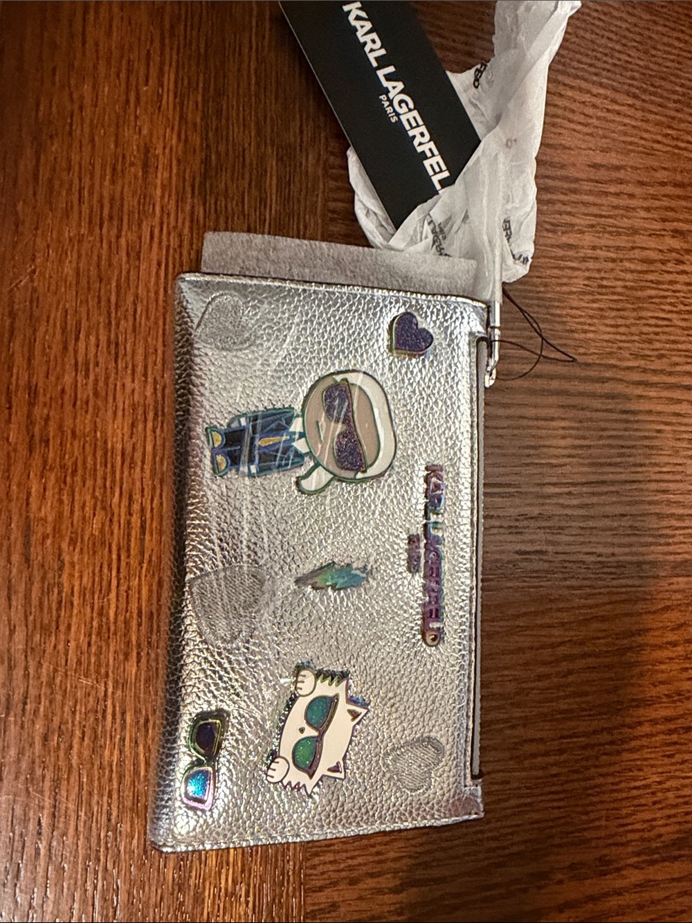 Karl Lagerfeld Silver Metallic Zip Card Holder with Playful Character Patches